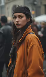 a woman with a black bandanna on her head