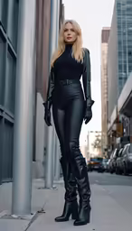 a blond haired woman wearing black leather gear