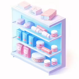 a set of three shelves filled with different types of beauty products
