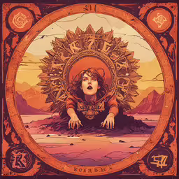 a woman with a sunflower on her head and arms, sitting in the desert, in a circle,the cover for the second album, the third is a sunflower