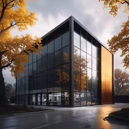 a large glass building sitting next to a tree