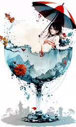 a girl in an umbrella is floating through the water