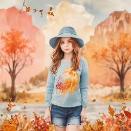 young child in the autumn leaves in a fall landscape,a little girl with a hat standing on the ground in a field