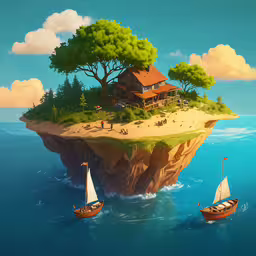 a small island with two small boats floating in it,a large house sitting on top of a small island