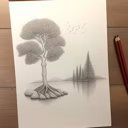 pencil drawing of tree and rocks in the middle of water