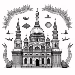 a drawing of the top of an ornate building,a drawing of a building surrounded by different objects