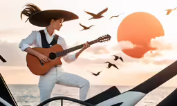 the man is playing the guitar on the deck of the ship
