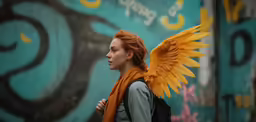 a beautiful young woman wearing a yellow angel wing