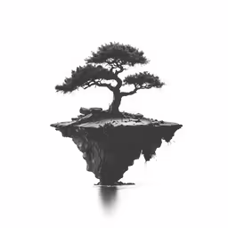 an island in the ocean with a bonsai tree on it