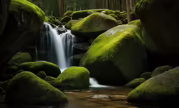 green moss covered rocks surround a waterfall in a forest