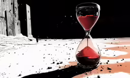 a red sandglass sitting on the ground next to a door