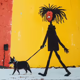 the picture is black and has the face of a dog on the leash, as well as a large mohawk, in the background is a red - and yellow wall,