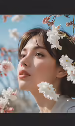 a woman in white holding a flower in her hair