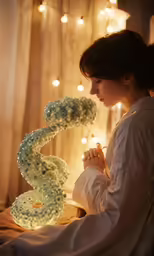 a young woman in a white dress lighting a candle