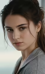 this is a beautiful young woman with brown hair and green eyes