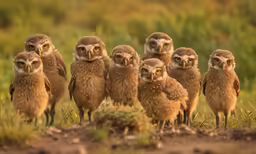 a group of small birds stand together next to each other