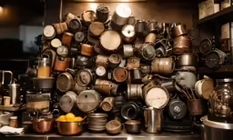 pots and pans stacked together on top of a shelf
