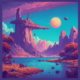 a large mountain and water filled with rocks,an animated painting of a desert scene with a ship and mountains