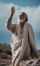 an old man with a white beard waving
