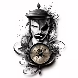 a clock and an artistic artwork on the white wall