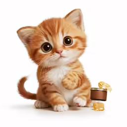 the orange kitten has a small bowl of candy next to it