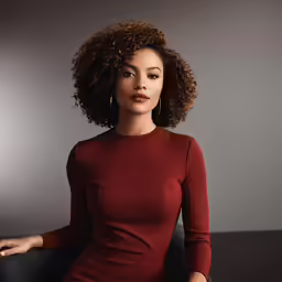 a young woman with curly hair wearing red