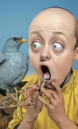 a child is feeding a bird while another person is feeding it
