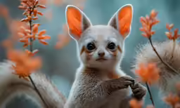 the baby animal is posed near a bunch of orange flowers