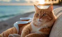 an orange cat is sitting on a sofa by the water