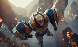 a yellow and black robot flying through the air