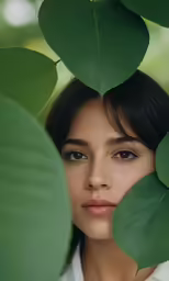 a woman standing behind green leaves and looking down
