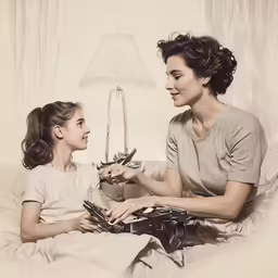 an old picture of a woman handing something to another woman