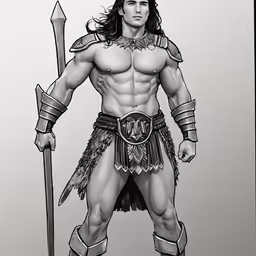 the sketched drawing of a muscular man holding a spear