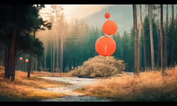 orange balloons suspended over the stream in the forest
