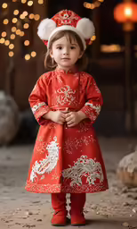 a young girl in red dress standing with her hands on her hips