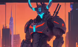 futuristic looking robot in a city setting, with horns on,a sci - fion with horns on standing in a futuristic city