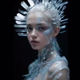 a woman wearing white makeup has lots of feathers on her head