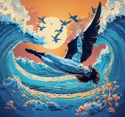 a person is floating in the ocean with a large bird above,a painting of a woman swimming in the ocean with birds flying around her