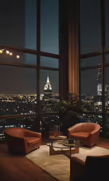 the room is full of high tech furniture with city lights visible outside the windows