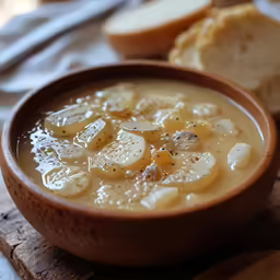 a bowl filled with soup sitting next to slices of bread