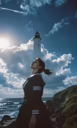 a woman is standing near the water with a lighthouse in the background
