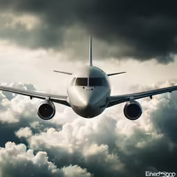 an airplane is flying low in the sky