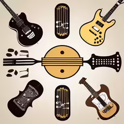 a guitar collection in four different colors and sizes