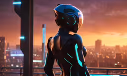 a sci - filth robot stands in front of a city,there is an action man standing on the roof of a building