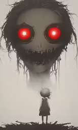 the bloody face of an evil person with glowing red eyes