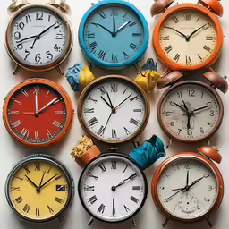 a bunch of small clocks sitting on top of a white surface