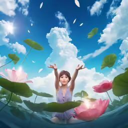 the little girl is in the water surrounded by lotuses