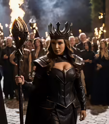 a woman dressed as a demon holding a wand