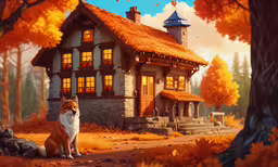 a painting of a dog sitting outside of a home,an image of a dog that is in the woods