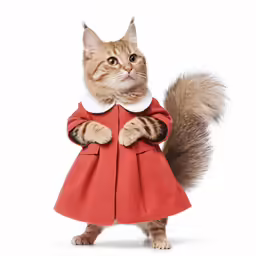 cat wearing a red coat and striped shoes